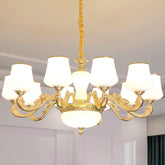White Glass Gold Chandelier with Tapered Drops and Scrolled Arm - Simple Lighting Fixture